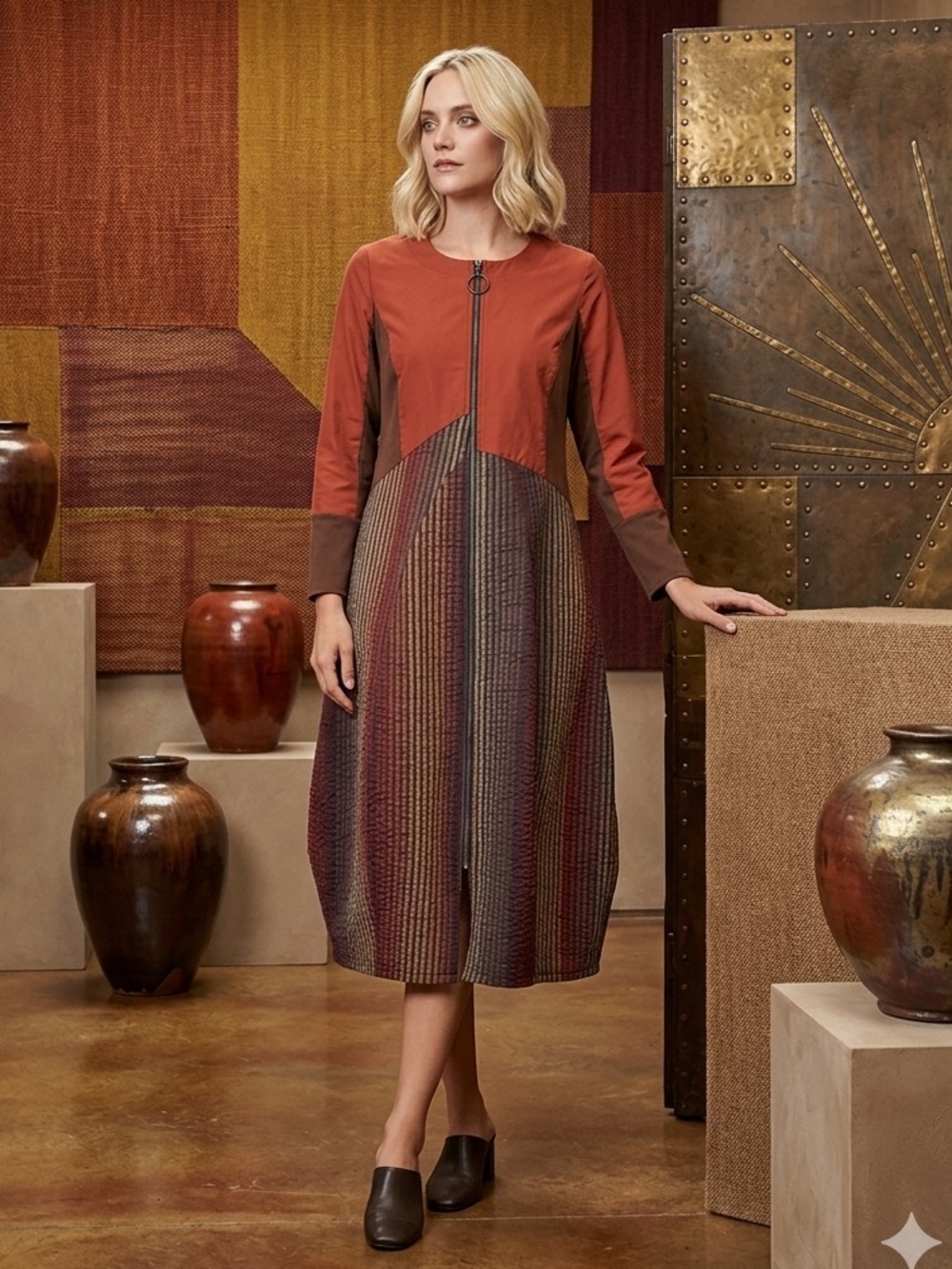 IC By Connie K Zip Front Mixed Media Artsy Lantern Midi Dress In Red Size L